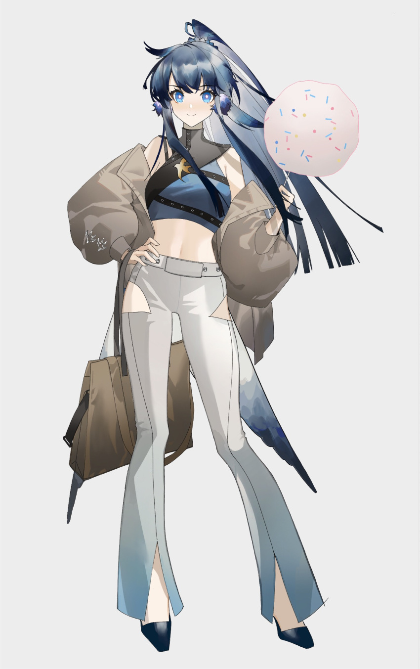 alternate_costume arknights astgenne_(arknights) bare_shoulders black_footwear blue_eyes blue_hair blue_shirt commentary_request cotton_candy crop_top female full_body grey_background grey_jacket hand_up highres jacket long_hair long_sleeves looking_at_viewer midriff navel open_clothes open_jacket pants ponytail qianluo shirt shoes simple_background sleeveless sleeveless_shirt smile solo standing stomach very_long_hair white_pants