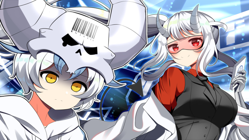 1boy bad_id bad_pixiv_id barcode black_vest blue_hair blush breasts closed_mouth collared_shirt commentary demon_girl demon_tail female goggles hand_up helltaker highres holding hood hood_down hoodie horns kimautomne lab_coat large_breasts long_hair long_sleeves looking_at_viewer loremaster_(helltaker) necktie outline ponytail red_eyes red_shirt shirt short_hair skull smile subject_67_(helltaker) symbol-only_commentary tail tinted_eyewear upper_body vest white_hair white_hoodie white_outline yellow_eyes