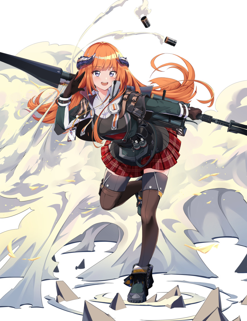 absurdres arknights bagpipe_(arknights) dragon_horns explosive female full_body gloves grenade gunlance highres horns long_hair nano_(nanojyaa) orange_hair plaid plaid_skirt purple_eyes shell_casing skirt smile solo steam