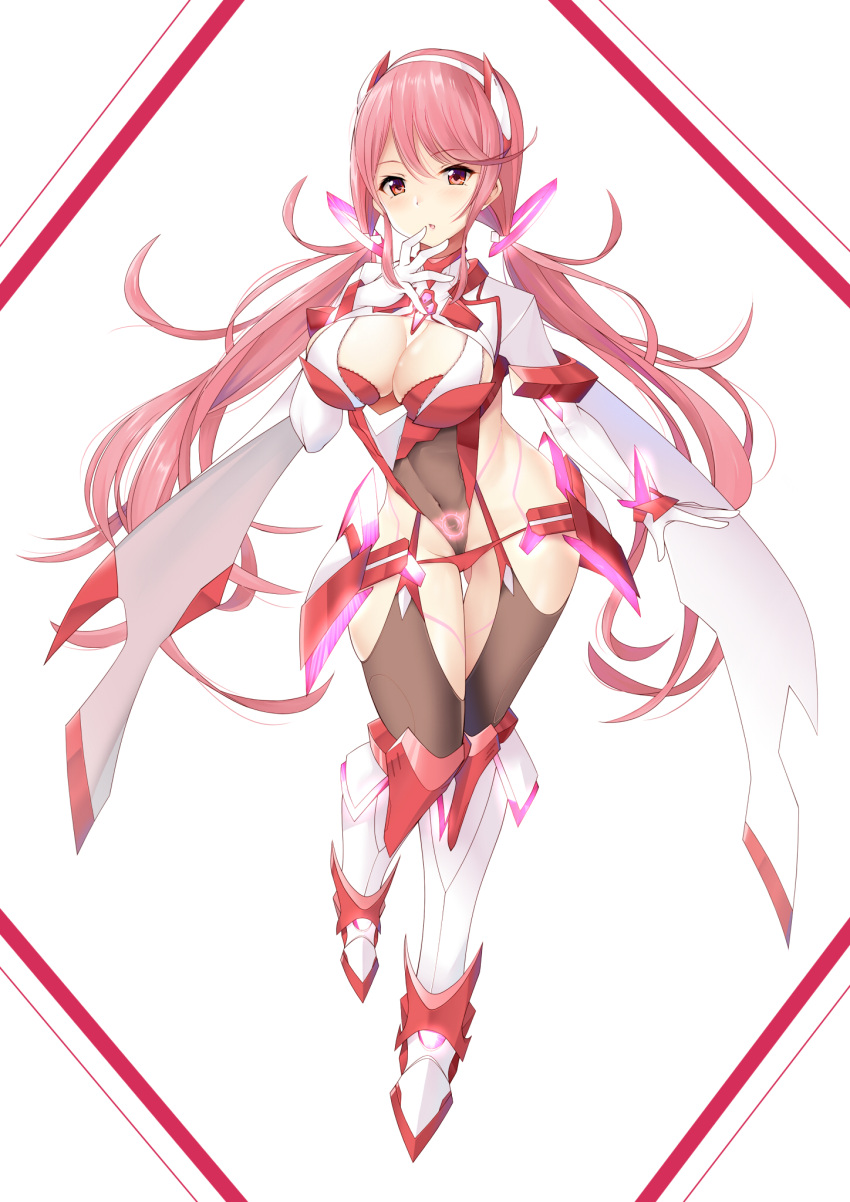 ass_visible_through_thighs boots breasts chest_jewel cleavage cleavage_cutout clothing_cutout daive elbow_gloves female full_body gloves hand_to_own_mouth highres knee_boots large_breasts long_hair looking_at_viewer low_twintails pink_hair prototype_design pubic_tattoo pyra_(xenoblade) pyra_(xenoblade)_(prototype) red_eyes revealing_clothes see-through shrug_(clothing) simple_background solo standing tattoo twintails very_long_hair xenoblade_chronicles_(series) xenoblade_chronicles_2