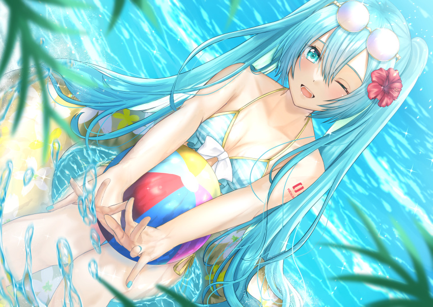 ;d absurdres ball bare_arms bare_legs beachball bikini blue_bikini blue_eyes blue_hair blue_nails blurry blurry_foreground bow breasts cleavage collarbone commentary copyright_name day eyewear_on_head female flower front-tie_bikini_top front-tie_top hair_between_eyes hair_flower hair_ornament halterneck hatsune_miku hibiscus highres long_hair looking_at_viewer nail_polish nei_(aduma1120ponpon) number_tattoo one_eye_closed open_mouth outdoors red_flower ribbon round_eyewear shoulder_tattoo side-tie_bikini_bottom sitting small_breasts smile solo sparkle string_bikini striped_bikini striped_clothes summer sunglasses swimsuit tattoo very_long_hair vocaloid white_bow yellow_ribbon