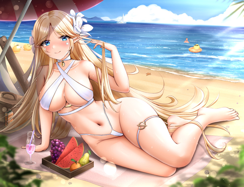 absurdly_long_hair azur_lane beach beach_umbrella bikini blonde_hair blue_eyes blue_sky blush breasts brest_(azur_lane) brest_(marine_muse)_(azur_lane) choker closed_mouth cloud collarbone criss-cross_halter cup day drinking_glass elf female flower food fruit full_body grapes hair_flower hair_ornament halterneck hand_in_own_hair highleg highleg_bikini highres horizon itacho_(itasha_draws) large_breasts long_hair looking_at_viewer lying manjuu_(azur_lane) navel o-ring ocean official_alternate_costume on_side orange_(fruit) outdoors peach pointy_ears sky smile solo swimsuit thigh_strap umbrella very_long_hair water watermelon white_bikini white_flower