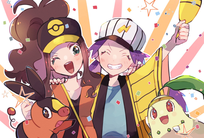 2girls ;d alternate_color antenna_hair arm_up bag baseball_cap blush brown_hair brown_shirt casey_(pokemon) chikorita clenched_hand closed_eyes collarbone commentary_request confetti eyelashes grin hat high_ponytail highres hilda_(pokemon) holding jacket long_hair misha_(ohds101) multiple_girls one_eye_closed open_mouth orange_vest pokemon pokemon_(anime) pokemon_(classic_anime) pokemon_(creature) pokemon_masters_ex purple_hair shirt shoulder_bag sidelocks smile star_(symbol) teeth tepig tongue twintails upper_teeth_only v-shaped_eyebrows vest white_headwear yellow_jacket