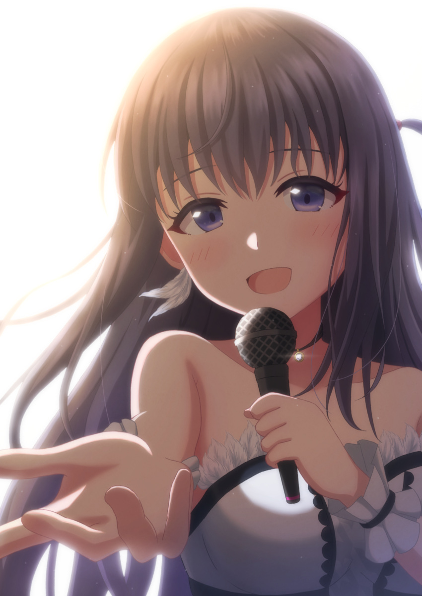 :d absurdres black_hair blue_eyes female highres idol idoly_pride long_hair looking_at_viewer microphone nagase_mana open_mouth smile solo yorumiru