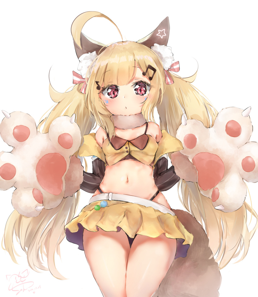 ahoge animal_ear_fluff animal_ears animal_hands azur_lane black_panties blonde_hair blush cowboy_shot eldridge_(azur_lane) eldridge_(kitty_idol)_(azur_lane) female gloves hair_ornament highleg highleg_panties highres long_hair looking_at_viewer miniskirt musical_note musical_note_hair_ornament navel off_shoulder panties paw_gloves pink_eyes pleated_skirt seboneko signature simple_background skirt solo standing star_(symbol) string_panties tail thigh_gap twintails underwear very_long_hair white_background yellow_skirt