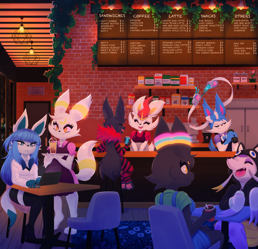 absurd_res ambiguous_gender anthro cafe cinderace cindy_the_cinderace doodlebob1591 eeveelution generation_1_pokemon generation_2_pokemon generation_4_pokemon generation_5_pokemon generation_6_pokemon generation_8_pokemon glaceon group hi_res jolteon mienshao nintendo pokemon pokemon_(species) sylveon ulysses_bre umbreon