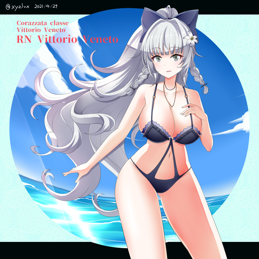 absurdres azur_lane bikini black_bikini braid breasts character_name cleavage collarbone dated female flower grey_eyes grey_hair hair_flower hair_ornament hebitsukai-san high_ponytail highres jewelry large_breasts linked_bikini long_hair looking_at_viewer monokini navel necklace official_alternate_costume purple_bikini solo swimsuit twin_braids twitter_username vittorio_veneto_(azur_lane) vittorio_veneto_(the_flower_of_la_spezia)_(azur_lane) white_flower