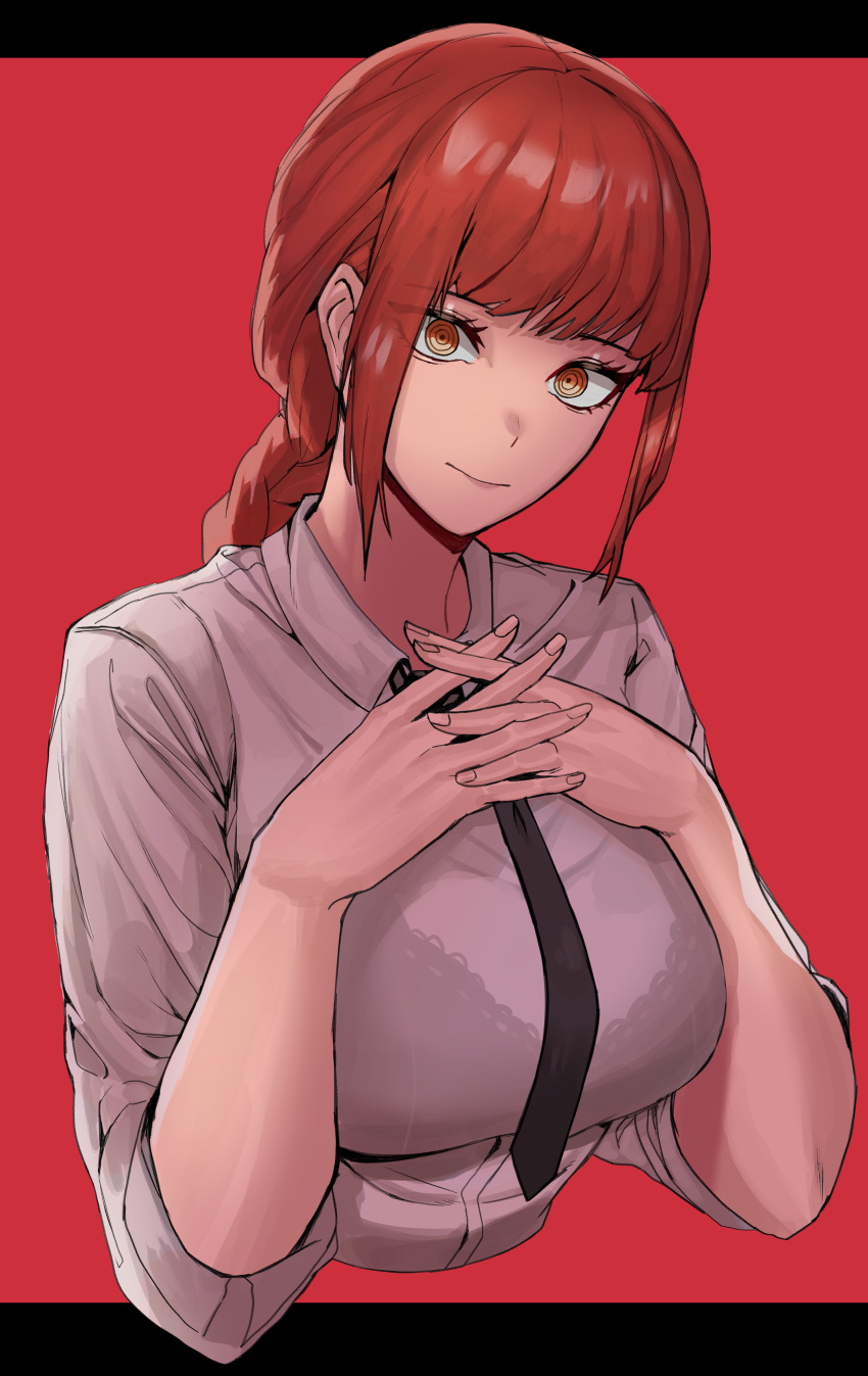 absurdres black_bra black_necktie bra bra_visible_through_clothes braid braided_ponytail breasts chainsaw_man cropped_torso female highres interlocked_fingers large_breasts letterboxed light_smile looking_at_viewer makima_(chainsaw_man) necktie orange_eyes own_hands_together red_background red_hair ringed_eyes shirt simple_background sleeves_rolled_up solo soolee040995 underwear upper_body white_shirt