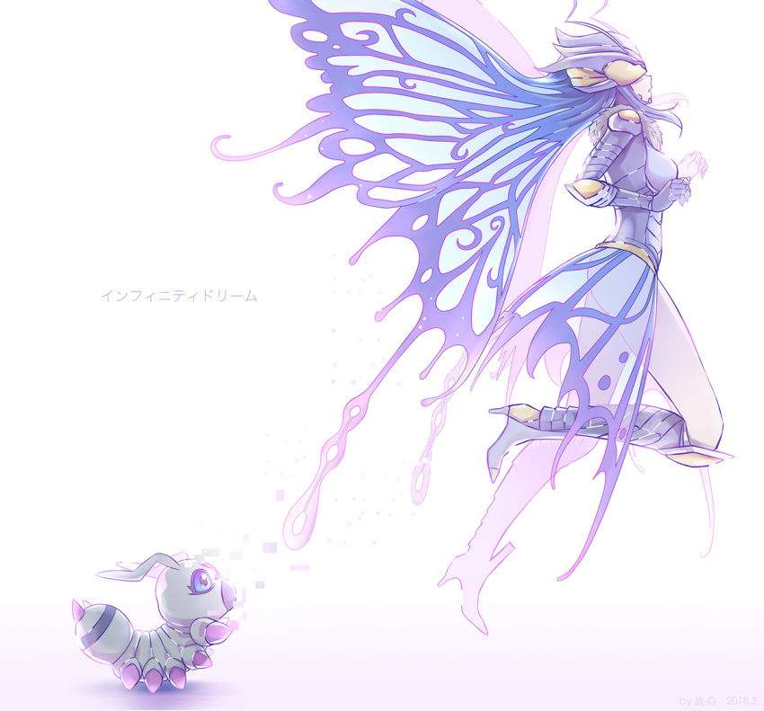 antennae armor armored_leotard arthropod_girl artist_name ass blue_hair blue_sclera boots breasts butterfly_wings colored_sclera commentary covered_eyes dated digimon digimon_(creature) digimon_story:_cyber_sleuth digimon_story:_cyber_sleuth_-_hacker's_memory disintegration female flying from_side full_body fur_collar gradient_background hair_wings helmet high_heel_boots high_heels hudiemon insect_wings knee_boots leotard medium_breasts parted_lips photoshop_(medium) purple_hair see-through shoulder_armor simple_background spoilers translated white_background wings wormmon zhandou_greymon