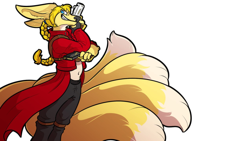 16:9 5_tails blue_eyes canid canine capcom cape clothing cosplay devil_may_cry fox gun hair_braid male mammal multi_tail ranged_weapon simple_background smile stupidshepherd tail tatsu_kimiero weapon white_background widescreen