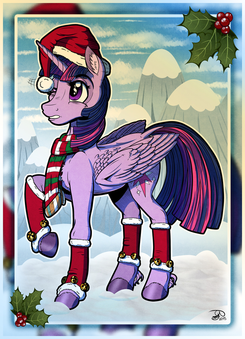 2015 absurd_res alicorn bell christmas christmas_clothing christmas_headwear clothing cutie_mark equid equine feathered_wings feathers female feral footwear friendship_is_magic gray-day hasbro hat headgear headwear hi_res holidays horn legwear mammal my_little_pony mythological_creature mythological_equine mythology purple_body purple_feathers santa_hat scarf socks solo twilight_sparkle_(mlp) wings