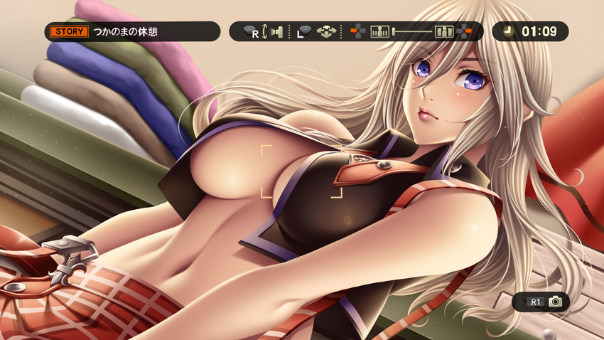 alisa_ilinichina_amiella belt blanket blonde_hair blue_eyes blush breasts buckle closed_mouth commentary_request dutch_angle female fingerless_gloves gameplay_mechanics gloves god_eater god_eater_resurrection hair_between_eyes hat highres huge_breasts lipstick long_hair looking_at_viewer makeup midriff navel photoshop_(medium) plaid purple_eyes skirt sleeveless solo suspender_skirt suspenders underboob unworn_hat unworn_headwear upper_body viewfinder watanuki_kaname white_hair