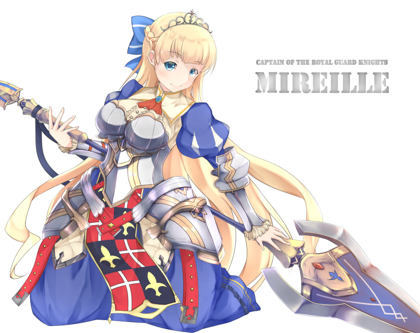 armor blonde_hair blue_bow blue_eyes bow braid breasts character_name coat_of_arms commentary_request crown_braid female hairbow heraldry highres houjou_ren_(ren_hj) large_breasts long_hair looking_at_viewer mireille_(sennen_sensou_aigis) polearm sennen_sensou_aigis smile solo spear tiara very_long_hair weapon