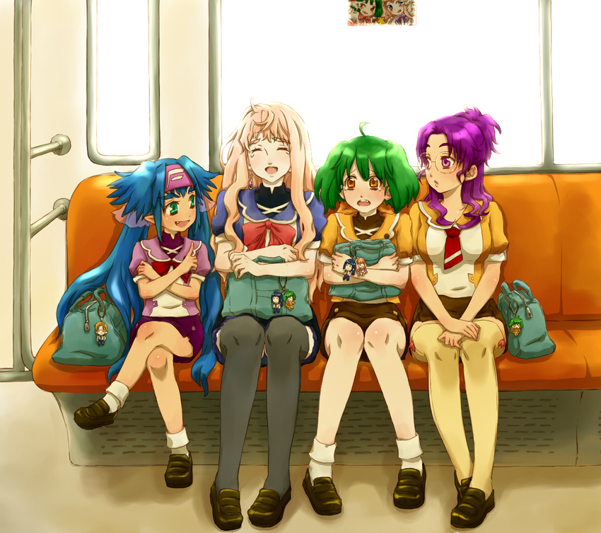 4girls aqua_eyes bad_id bad_pixiv_id bag bag_charm black_thighhighs blonde_hair blue_hair charm_(object) earrings glasses green_hair headband jewelry klan_klein loafers lolicon long_hair macross macross_frontier matsuura_nanase meltrandi mihoshi_academy_school_uniform mikhail_buran multiple_girls oerba_yun_fang open_mouth purple_eyes purple_hair ranka_lee saotome_alto school_bag school_uniform sheryl_nome shoes single_earring tears thighhighs train_interior twintails very_long_hair yellow_eyes yomoya zentradi