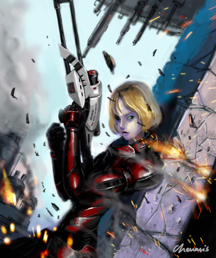 alternate_eye_color aqua_eyes armor bad_id bad_pixiv_id battle blonde_hair chevasis commander_shepard commander_shepard_(female) explosion female gun highres lips m-92_mantis mass_effect_(series) mass_effect_1 one_eye_closed photoshop_(medium) projectile_trail rifle short_hair sniper_rifle solo under_fire weapon