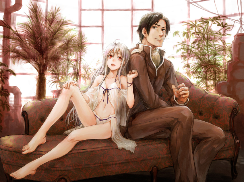 1boy bare_shoulders barefoot black_hair cigarette collarbone commentary_request couch female highres indoors long_hair midriff navel nightgown original panties red_eyes sasagawa_(haikaiki) smoking underwear white_hair