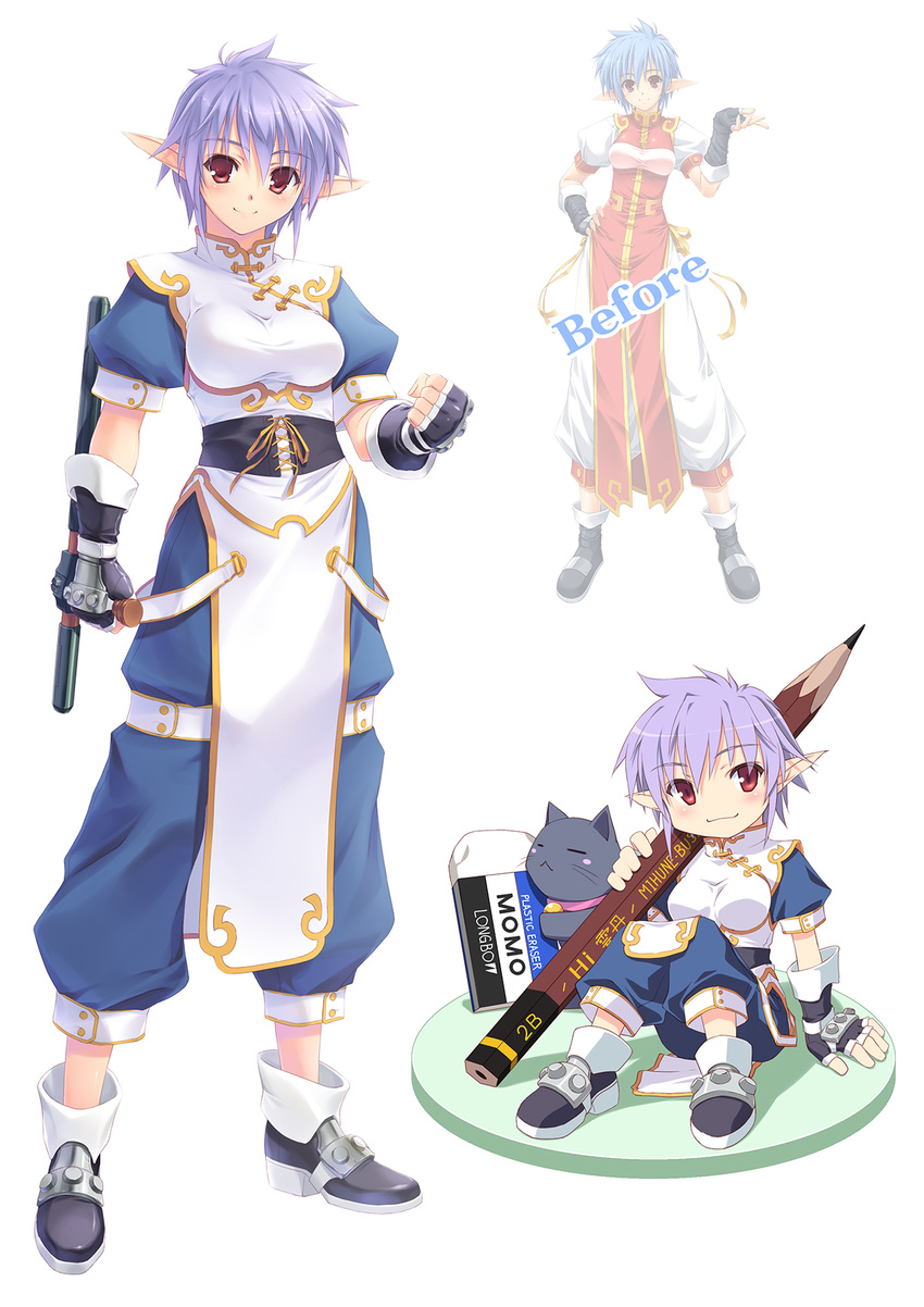 bad_id bad_pixiv_id boots brand_name_imitation chibi chinese_clothes elf eraser feline female gloves highres huey_ranfaruto kuroneko_sakon pencil photoshop_(medium) pointy_ears purple_hair red_eyes short_hair tombow_mono tonfa weapon