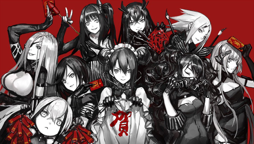 6+girls agent_(girls_frontline) alchemist_(girls_frontline) architect_(girls_frontline) black_hair chinese_new_year destroyer_(girls_frontline) double_bun eyepatch firecrackers gager_(girls_frontline) gas_mask girls_frontline grey_eyes hunter_(girls_frontline) infukun intruder_(girls_frontline) multiple_girls pale_skin sangvis_ferri scarecrow_(girls_frontline) side_ponytail twintails white_hair