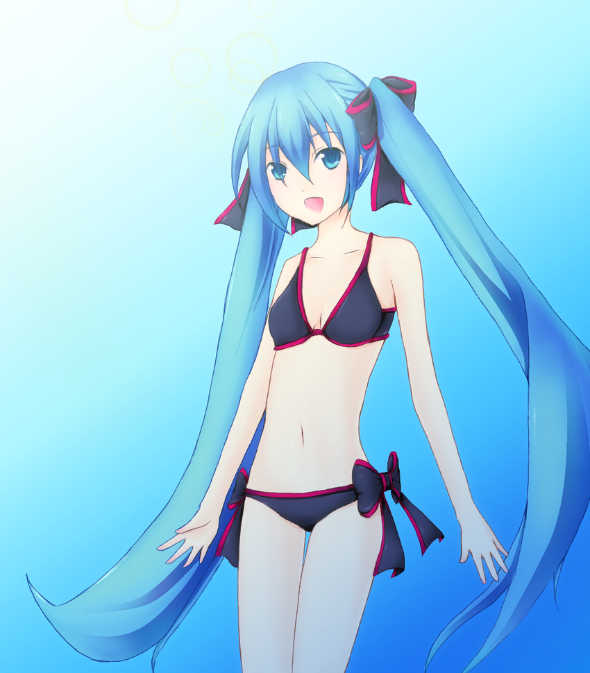 aqua_eyes aqua_hair bangs bikini female hair_ribbon hatsune_miku highres long_hair ribbon side_tie smile swimsuit twintails very_long_hair vocaloid