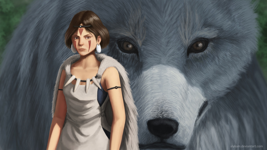 alykam brown_hair earrings female highres jewelry mononoke_hime moro necklace san short_hair studio_ghibli weapon wolf