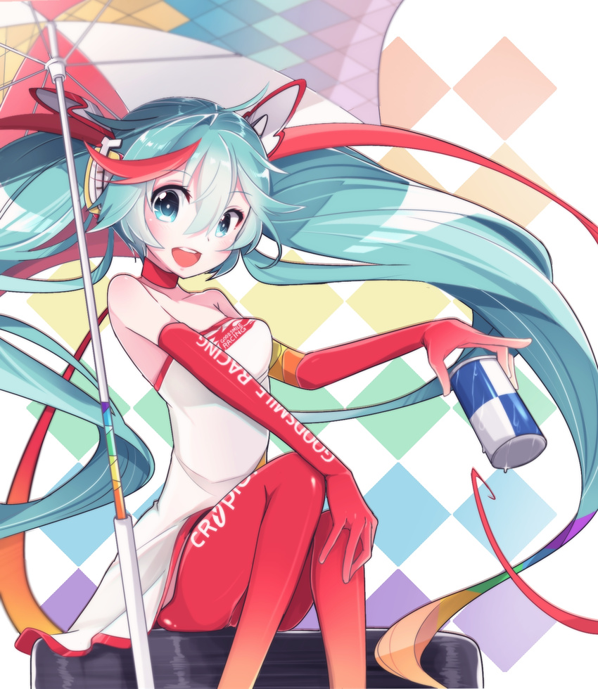 :d aqua_eyes aqua_hair bare_shoulders can checkered_background chuuko_anpu commentary_request dress elbow_gloves female gloves goodsmile_company goodsmile_racing gradient_legwear hair_between_eyes hair_ornament hatsune_miku highres holding holding_can long_hair looking_at_viewer multicolored_clothes multicolored_legwear open_mouth orange_gloves orange_pantyhose pantyhose race_queen racing_miku racing_miku_(2016) revision round_teeth sitting smile solo strapless strapless_dress teeth twintails umbrella upper_teeth_only very_long_hair vocaloid white_dress