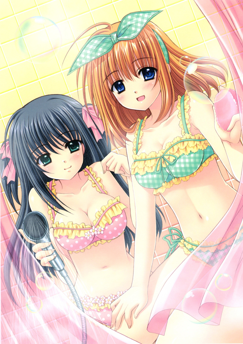 2girls :d absurdres ahoge aqua_eyes bar_soap bathing bathroom bikini black_hair blue_eyes blush breasts bubble cleavage closed_mouth collarbone cowboy_shot curtains dutch_angle fingernails floral_print frilled_bikini frills fuyou_kaede green_bikini hair_ribbon hairband hand_on_own_thigh happy highres hip_focus holding indoors large_breasts light_smile long_fingernails long_hair medium_breasts multiple_girls navel nishimata_aoi official_art open_mouth orange_hair pink_bikini plaid plaid_bikini polka_dot polka_dot_bikini really?_really! ribbon same-sex_bathing scan shared_bathing short_hair shower_curtain shower_head shuffle! shuffle!_essence+ side-tie_bikini_bottom smile swimsuit tile_wall tiles transparent two_side_up water yae_sakura_(shuffle!)