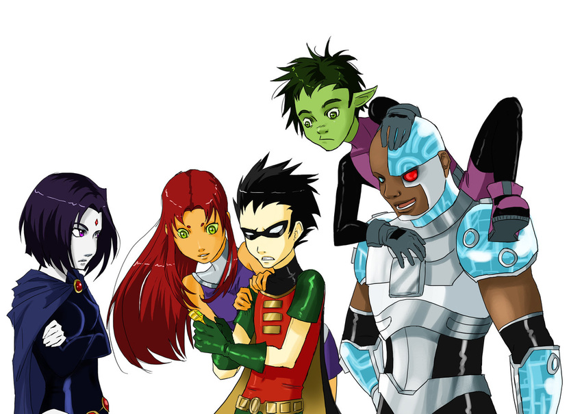 2girls 3boys bald beast_boy_(dc) belt black_hair bob_cut bodysuit brown_eyes cape cloak crossed_arms cyborg cyborg_(dc) dark_skin dc_comics dick_grayson domino_mask forehead_jewel garfield_logan gauntlets gloves green_eyes green_hair green_skin grimace hand_on_hip leotard long_hair long_sleeves luna133 mask multiple_boys multiple_girls one-eyed open_mouth orange_skin pale_skin pointy_ears purple_eyes purple_hair purple_skirt raven_(dc) red_eyes red_hair robin_(dc) short_hair short_sleeves simple_background skirt sleeveless starfire teen_titans victor_stone white_background