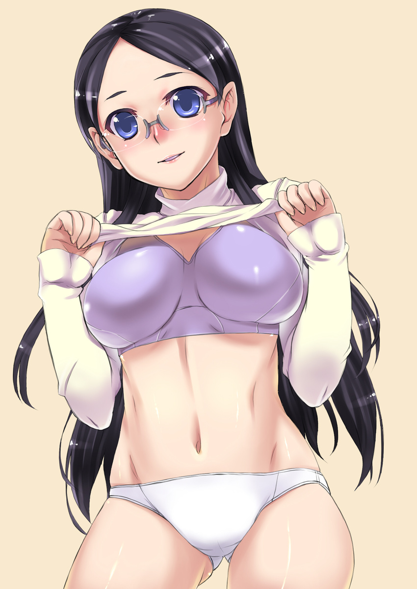 bad_id bad_pixiv_id black_hair blue_eyes breasts chiha_(abo_ecm_mk25) clothes_lift female glasses highres large_breasts no_pants panties saitou_kaede_(yama_no_susume) shirt_lift sleeves_past_wrists solo sports_bra standing underwear yama_no_susume