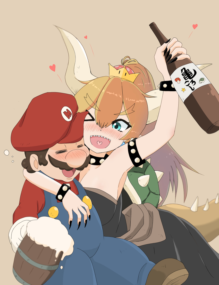 2018 absurd_res alcohol alternate_species animal_humanoid beverage blonde_hair blue_eyes blush bowser bowsette_meme breasts brown_hair burnable_garbage claws closed_eyes clothing crown drunk duo facial_hair female hair hat headgear headwear heart_symbol hi_res horn human humanoid humanoidized koopa_humanoid long_hair male mammal mario mario_bros meme nintendo not_furry one_eye_closed open_mouth rule_63 scalie scalie_humanoid sharp_teeth shell short_hair spiked_shell spikes spikes_(anatomy) substance_intoxication super_crown teeth text text_on_clothing text_on_hat text_on_headwear wink