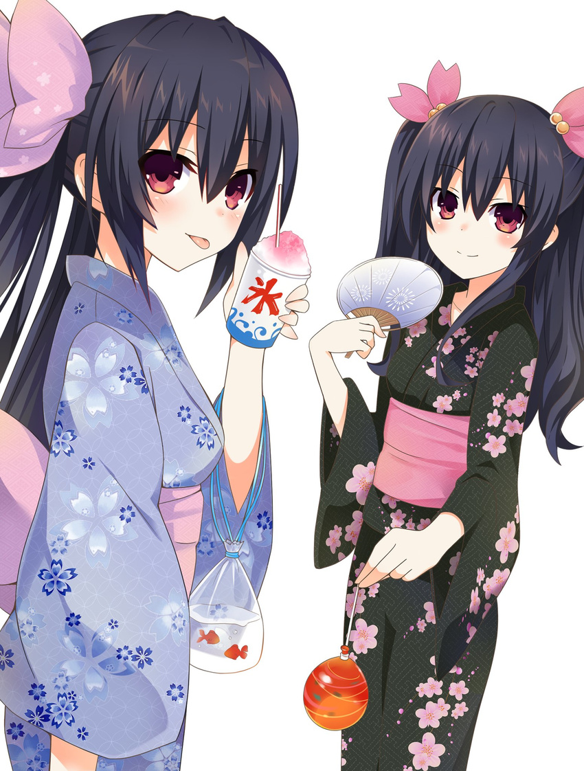 2girls alternate_costume black_hair blush breasts commentary_request fish food goldfish hair_ornament hand_fan highres holding japanese_clothes long_hair looking_at_viewer medium_breasts multiple_girls neptune_(series) noire_(neptunia) paper_fan red_eyes shaved_ice siblings simple_background sisters smile tongue tongue_out twintails two_side_up uchiwa uni_(neptunia) white_background zero_(ray_0805)