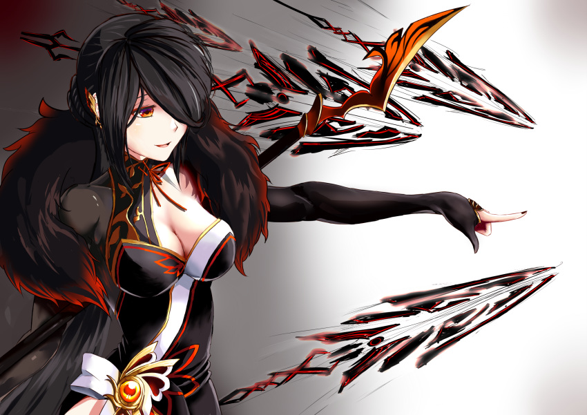 ara_haan black_dress black_gloves black_hair black_nails breasts cleavage commentary_request devi_(elsword) dress elbow_gloves elsword eyebrows female fur_trim gloves hair_ornament hair_over_one_eye highres jewelry long_hair looking_to_the_side nail_polish open_mouth pointing polearm projectile red_eyes red_ribbon ribbon se_tu_(196502) smile spear weapon