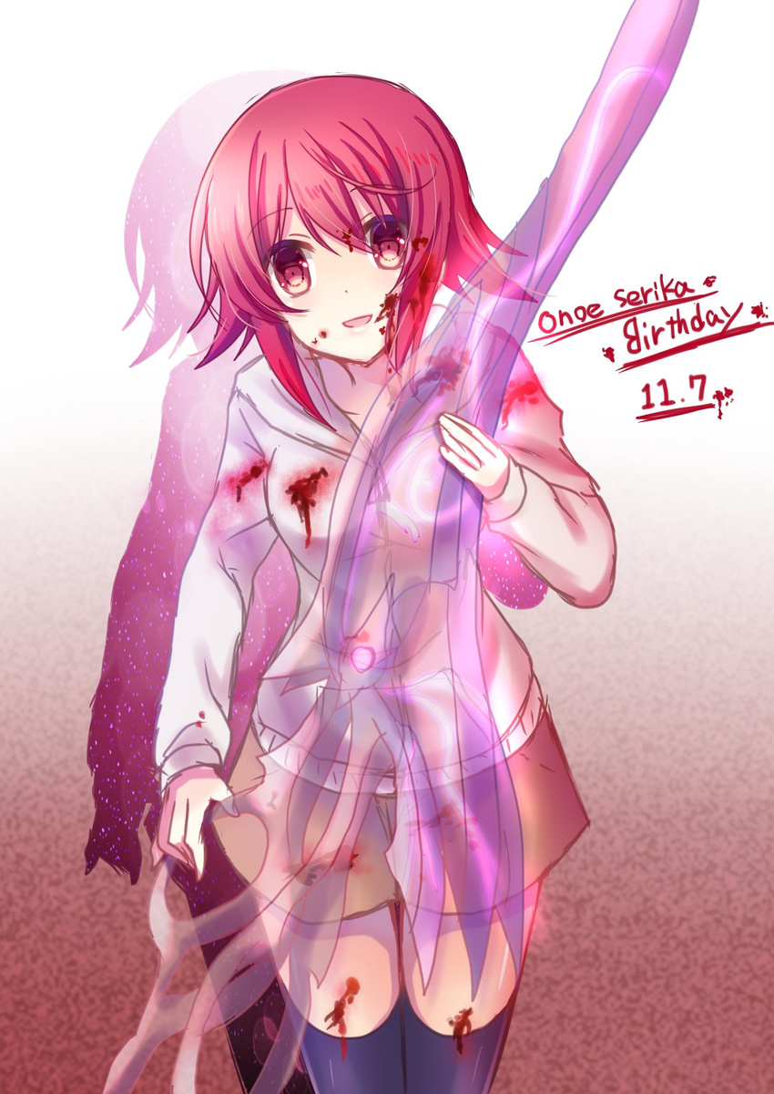 :d blood blood_on_clothes blood_on_face chaos;child commentary_request female highres hood hoodie medium_hair nishijou_myu onoe_serika open_mouth red_eyes red_hair short_hair smile solo sword thighhighs weapon