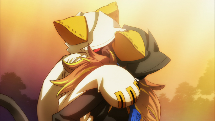 blazblue cathood hood long_hair nekomimi piggyback red_eyes sharp_teeth taokaka torakaka