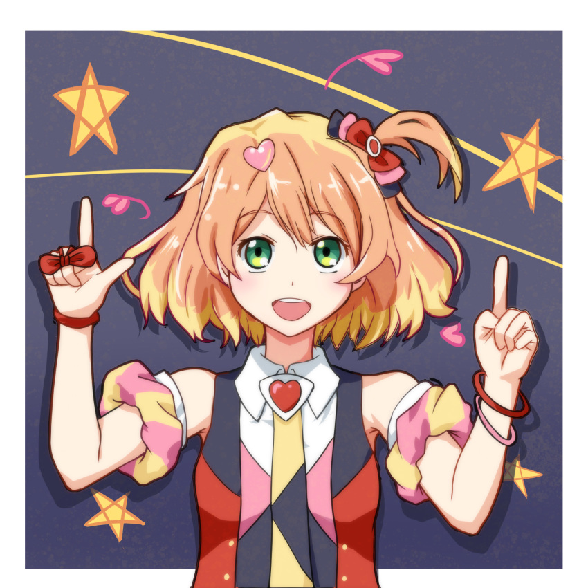 blonde_hair blush bow brown_hair commentary_request female freyja_wion green_eyes hair_ornament heart heart_hair_ornament highres index_finger_raised looking_at_viewer macross macross_delta multicolored_hair open_mouth photoshop_(medium) rayhwang red_bow short_hair sleeveless smile solo