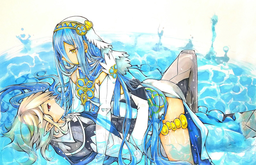 1boy azura_(fire_emblem) blue_hair cape commentary_request corrin_(fire_emblem) corrin_(male)_(fire_emblem) female fire_emblem fire_emblem_fates highres long_hair lying pointy_ears red_eyes shiratsu_(white-seaside) water white_hair