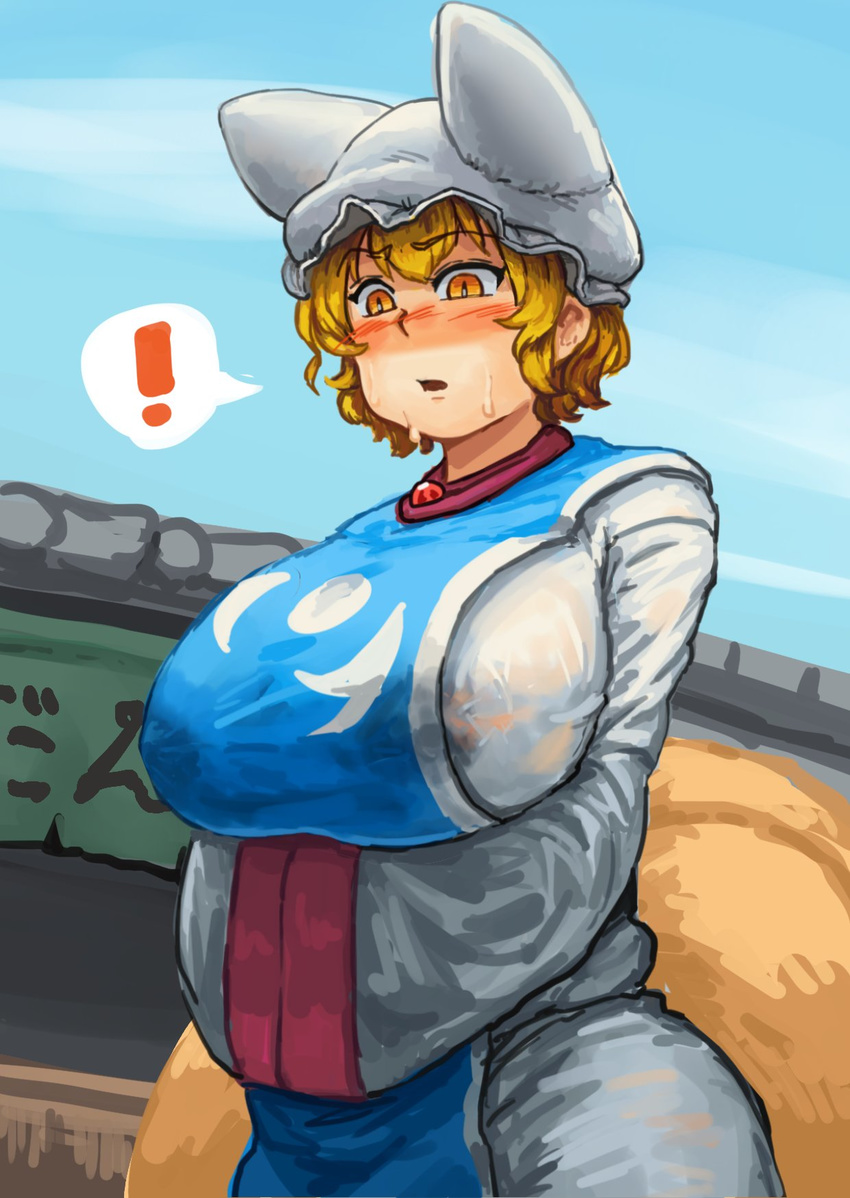 ! adapted_costume animal_hat blonde_hair blue_sky blush breasts chanta_(ayatakaoisii) cloud commentary_request covered_nipples day embarrassed extra_ears female fox_tail hands_in_opposite_sleeves hat highres huge_breasts lactation lactation_through_clothes long_skirt long_sleeves looking_down mob_cap multiple_tails nose_blush open_mouth outdoors own_hands_together shirt short_hair sidelocks skirt sky slit_pupils solo speech_bubble spoken_exclamation_mark sweatdrop tabard tail touhou upper_body white_shirt white_skirt wide_sleeves yakumo_ran