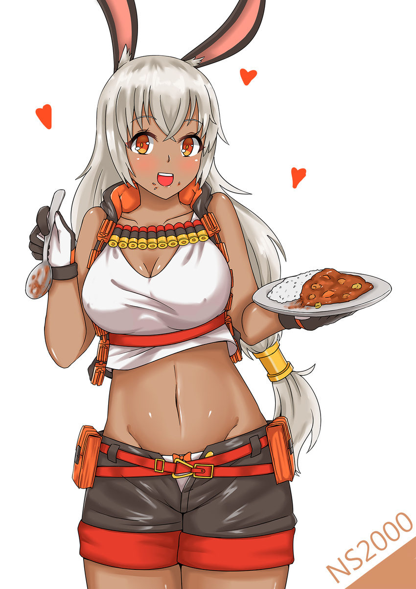 animal_ears belt belt_buckle belt_pouch black_gloves black_shorts black_vest blush bow bow_panties breasts buckle character_name cleavage commentary_request covered_nipples crop_top crop_top_overhang curry curry_rice dark-skinned_female dark_skin female food food_on_face girls'_frontline gloves hair_between_eyes hair_ornament heart hei_yan highres holding holding_food holding_plate holding_spoon large_breasts long_hair looking_at_viewer low-tied_long_hair midriff navel ns2000_(girls'_frontline) open_mouth panties photoshop_(medium) plate pouch rabbit_ears red_eyes rice short_shorts shorts shotgun_shell simple_background smile solo spoon underwear vest