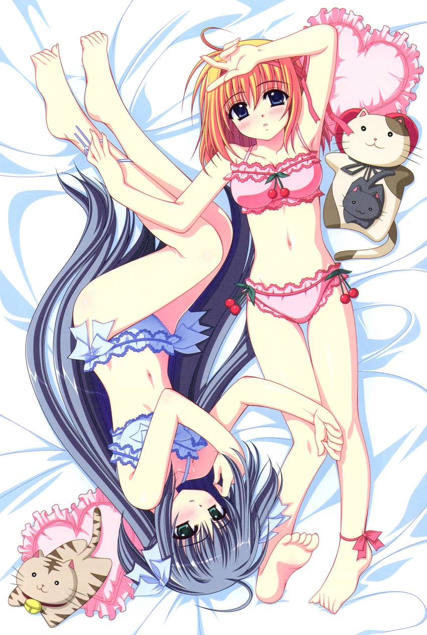 2girls absurdres arm_up blue_bra blue_eyes blue_hair blue_panties bra brown_hair cherry dakimakura_(medium) feline food frilled_pillow frills fruit fuyou_kaede green_eyes highres long_hair multiple_girls nishimata_aoi panties pillow pink_bra pink_panties really?_really! short_hair shuffle! stuffed_animal stuffed_cat stuffed_toy underwear underwear_only very_long_hair yae_sakura_(shuffle!)