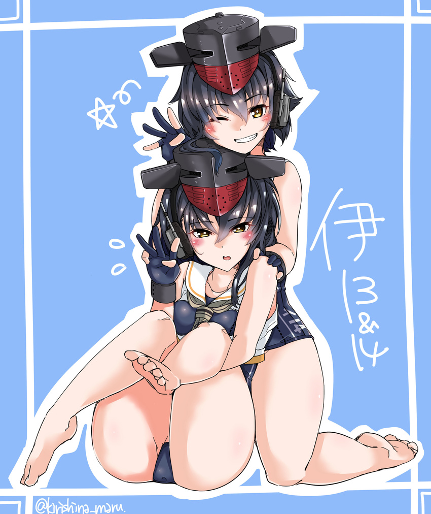 2girls absurdres asymmetrical_hair barefoot black_hair brown_eyes commentary_request gloves hair_between_eyes hat headphones highres hug hug_from_behind i-13_(kancolle) i-14_(kancolle) kantai_collection kirishina_(raindrop-050928) looking_at_viewer multiple_girls one_eye_closed partially_fingerless_gloves photoshop_(medium) sailor_collar school_swimsuit short_hair single_glove swimsuit twitter_username waving