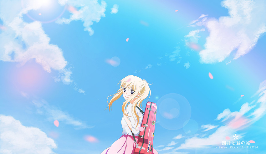 artist_name blonde_hair blue_eyes cloud commentary_request copyright_name day female long_hair looking_at_viewer miyazono_kawori photoshop_(medium) sanaa shigatsu_wa_kimi_no_uso sky solo violin_case