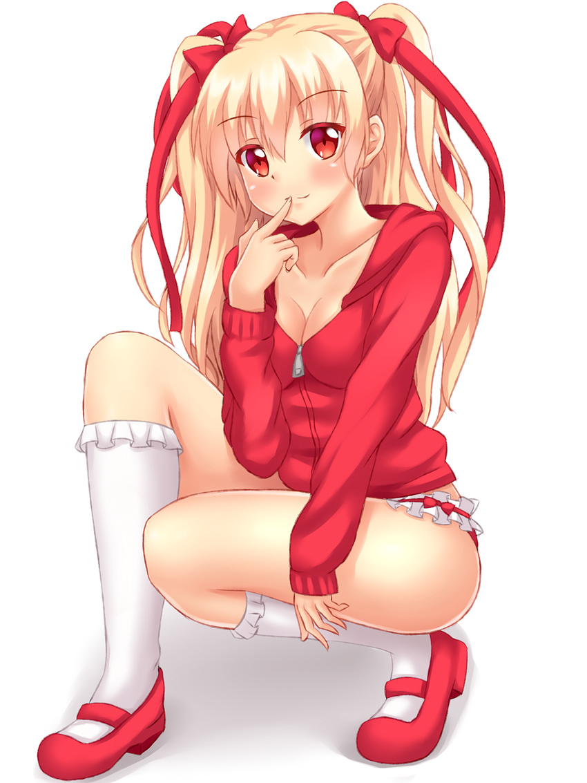 blonde_hair blush bow breasts cleavage closed_mouth collarbone commentary english_commentary eyebrows female finger_to_mouth frilled_panties frilled_socks frills full_body hairbow hidan_no_aria hidan_no_aria_aa highres index_finger_raised jacket kneehighs long_hair long_sleeves looking_at_viewer mary_janes medium_breasts mine_riko nottytiffy panties red_bow red_eyes red_footwear red_jacket shoes simple_background smile socks solo squatting tareme underwear very_long_hair white_background white_socks zipper