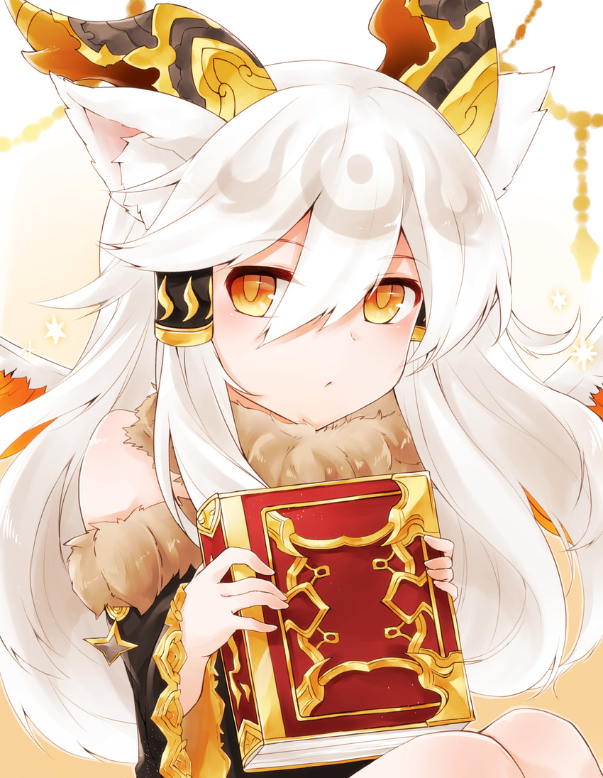 :< animal_ears book commentary_request detached_sleeves female fur_trim hair_tubes highres horns ilmina_(p&d) kurage_(11649021) long_hair looking_at_viewer orange_eyes pale_skin puzzle_&_dragons solo white_hair