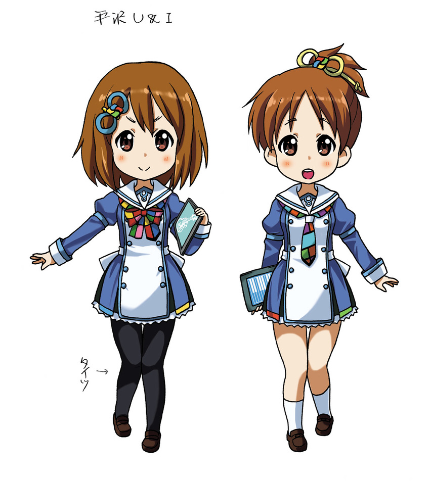 2girls arrow_(symbol) black_pantyhose blush bow brown_eyes brown_hair commentary_request cosplay dress hair_ornament hair_tie hirasawa_ui hirasawa_yui iena k-on! kneehighs madobe_ai madobe_ai_(cosplay) madobe_yuu madobe_yuu_(cosplay) microsoft microsoft_windows multiple_girls pantyhose ponytail pun short_hair siblings simple_background sisters socks tablet_pc translated white_background white_legwear windows_8