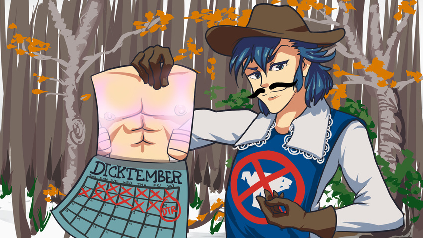 1boy autumn_leaves blue_eyes blue_hair brown_gloves calendar_(object) english_text fake_facial_hair fake_mustache forest gloves glowing_nipples hat highres kill_la_kill male_focus mikisugi_aikurou nature pun solo triple-q