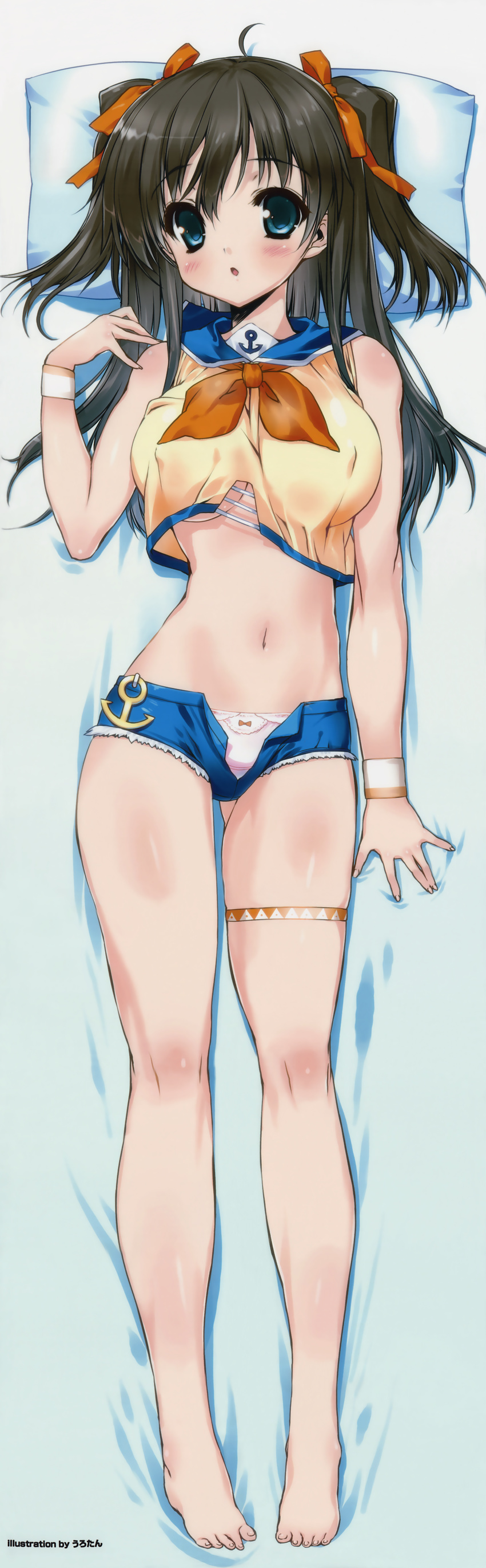 :o absurdres anchor_symbol bare_legs barefoot black_hair blue_eyes blue_shorts blush bow bow_panties breasts clothes_lift covered_nipples crop_top crop_top_overhang cutoffs dakimakura_(medium) denim denim_shorts female full_body hair_ribbon highres large_breasts long_hair looking_at_viewer no_bra open_clothes open_fly open_shorts panties pillow pink_panties ribbon school_uniform serafuku shirt shirt_lift short_shorts shorts sleeveless sleeveless_shirt solo two_side_up underwear unzipped urotan wristband