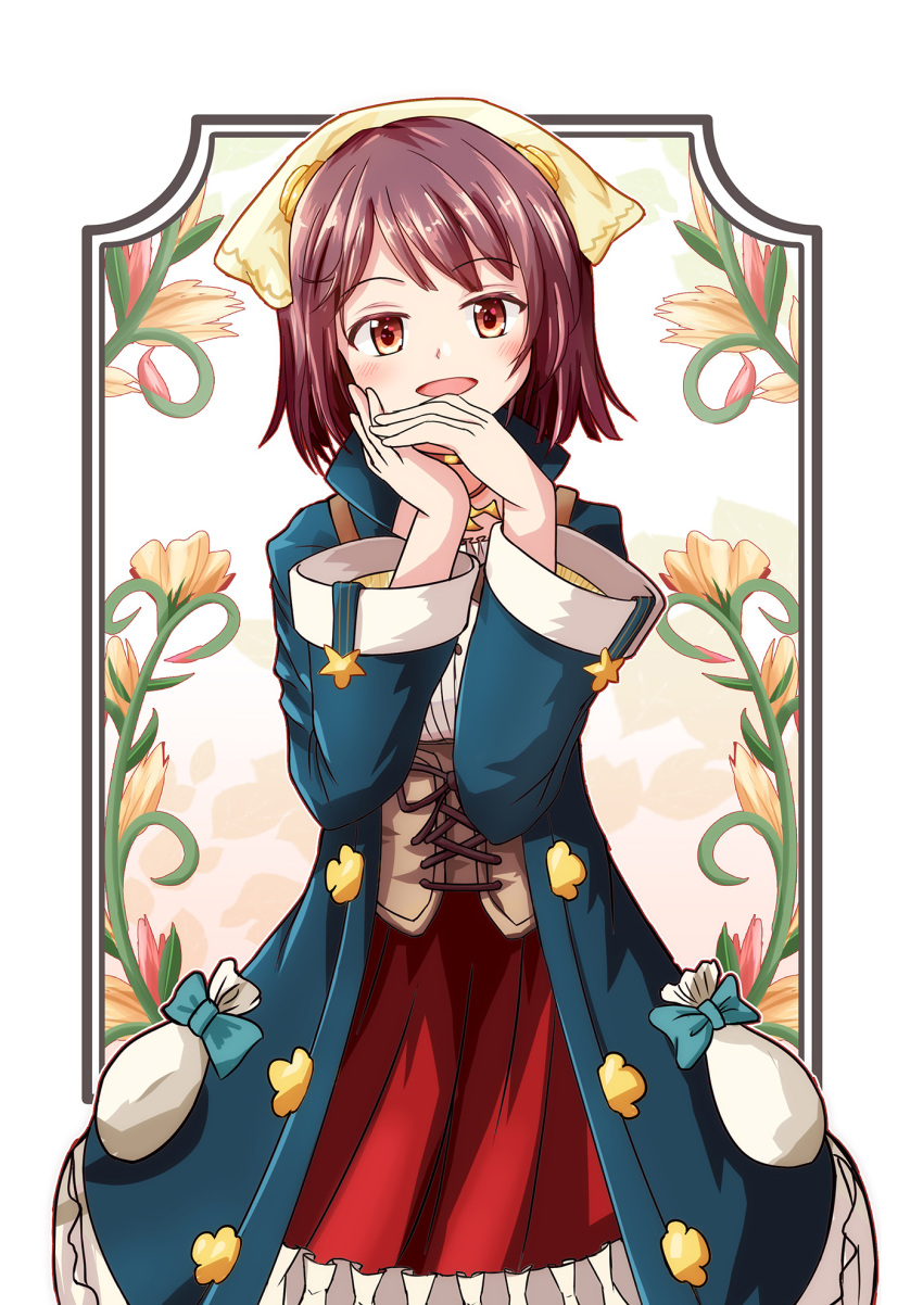 atelier_(series) atelier_sophie blush bow brown_eyes brown_hair commentary_request female flower green_bow highres long_sleeves looking_at_viewer open_mouth photoshop_(medium) rayhwang short_hair smile solo sophie_neuenmuller