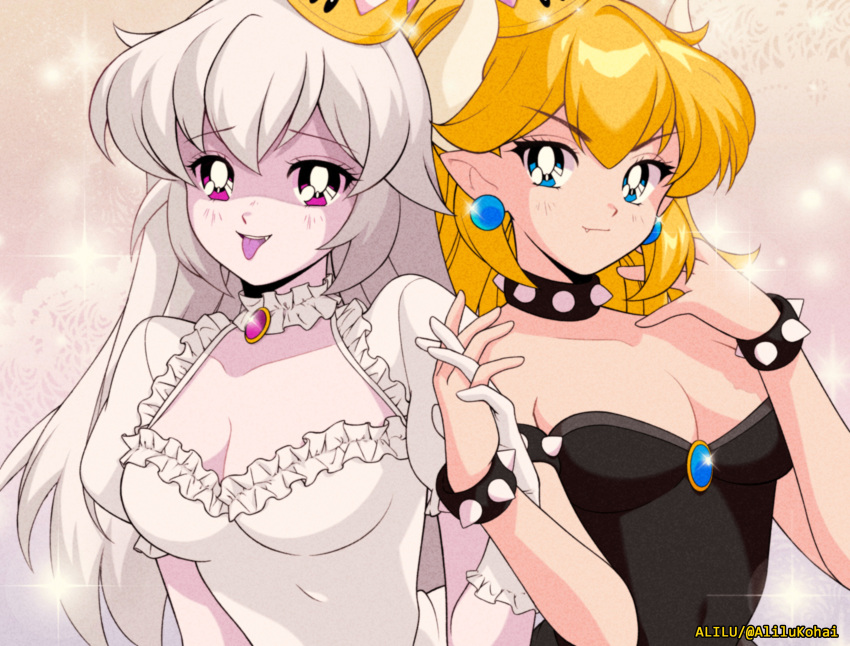 1990s_(style) 2girls :p absurdres alilu-chan anime_coloring black_dress blonde_hair blue_eyes bowsette bracelet breasts chest_jewel choker cleavage collar collar_jewel colored_skin colored_tongue commentary dress earrings english_commentary fang_out frilled_collar frilled_gloves frills gloves gradient_background hair_between_eyes hand_in_own_hair highres holding_hands horns interlocked_fingers jewelry large_breasts long_hair looking_at_viewer luigi's_mansion mario_(series) medium_breasts multiple_girls new_super_mario_bros._u_deluxe oerba_yun_fang pale_skin parody patterned_background pendant_collar pink_skin pointy_ears ponytail princess_king_boo purple_eyes purple_tongue retro_artstyle smile sparkle sphere_earrings spiked_bracelet spiked_collar spikes strapless strapless_dress style_parody super_crown tongue tongue_out upper_body v-shaped_eyebrows white_choker white_dress white_gloves white_hair wide_ponytail