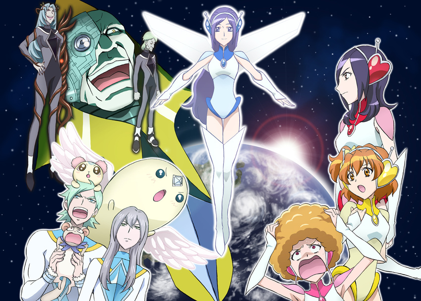 5girls afro angry aono_miki arm_warmers blonde_hair blue_eyes blue_hair boots brown_eyes brown_hair chiffon_(fresh_precure!) commentary_request detached_sleeves earrings earth_(planet) fingerless_gloves fresh_precure! full_body gloves green_eyes green_hair grey_hair higashi_setsuna hohoemina jewelry kita_nayuta leotard long_hair looking_at_viewer mechanical_wings moebius_(fresh_precure!) momozono_love multiple_girls northa_(fresh_precure!) official_alternate_costume outstretched_arms pink_eyes planet ponytail precure purple_eyes purple_hair shaded_face short_hair side_ponytail souler_(fresh_precure!) space star_(symbol) sun tart_(fresh_precure!) tawashi_(tawashisan) thigh_boots thighhighs wester_(fresh_precure!) wings yamabuki_inori