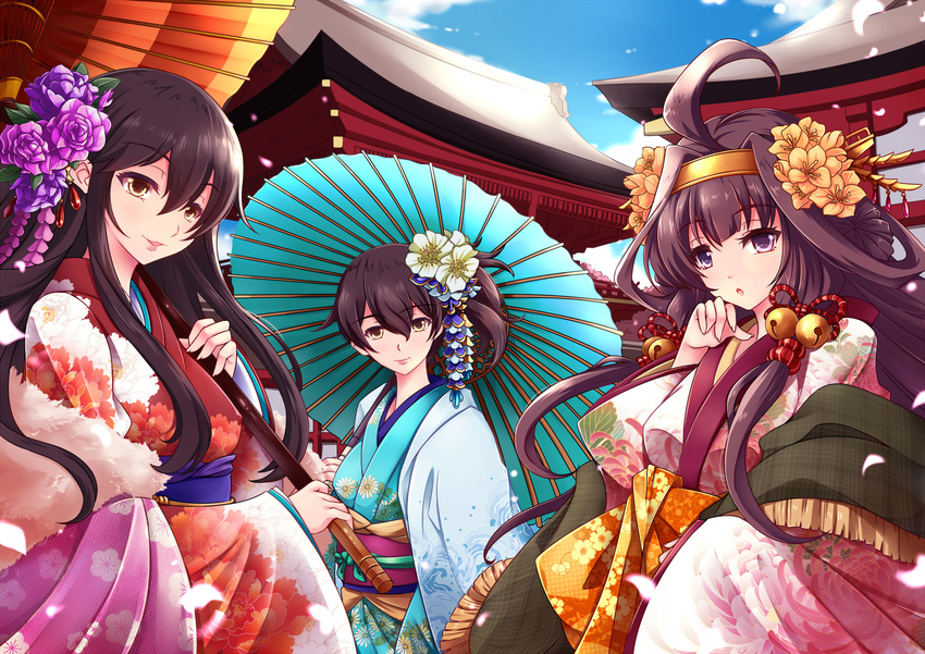 4girls aata1007 ahoge akagi_(kancolle) bell cherry_blossoms commentary_request flower hair_flower hair_ornament highres japanese_clothes kaga_(kancolle) kantai_collection kimono kongou_(kancolle) long_hair looking_at_viewer multiple_girls new_year umbrella