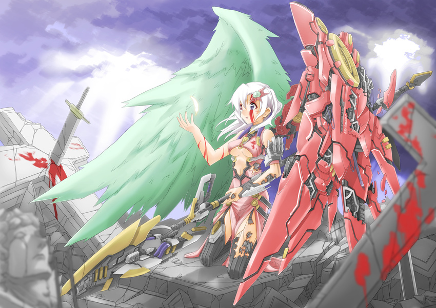 asymmetrical_wings blood breasts chicago-x commentary_request cross feathers female green_wings heterochromia highres mecha_musume mechanical_wings medium_breasts original red_wings solo sword torn_clothes weapon wings